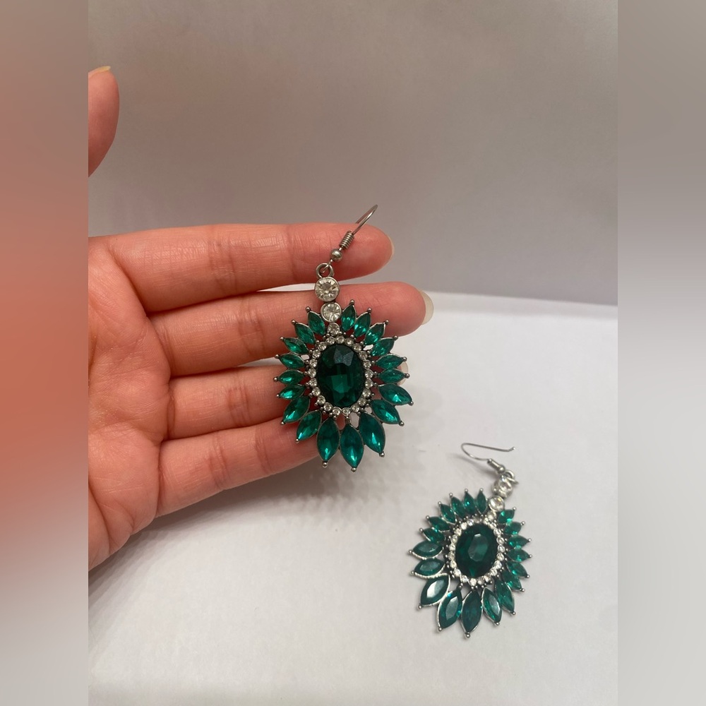 Green and Silver Statement Earrings with Starburst Design